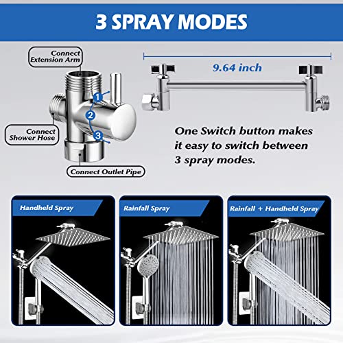 Shower Head,8”Rain Shower Head with Handheld Spray Combo with ON/OFF Pause Switch and 11'' Angle Adjustable Extension Arm/Flow Regulator,Shower Heads High Pressure Easy to Clean Bathtub,Chrome