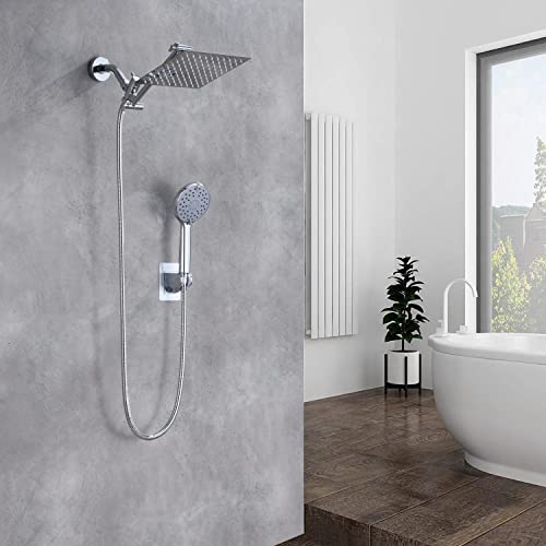 Shower Head,8”Rain Shower Head with Handheld Spray Combo with ON/OFF Pause Switch and 11'' Angle Adjustable Extension Arm/Flow Regulator,Shower Heads High Pressure Easy to Clean Bathtub,Chrome