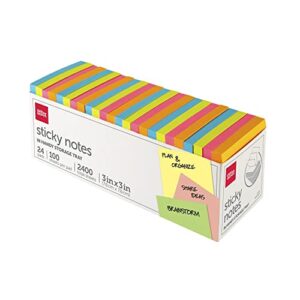 office depot® brand sticky notes, with storage tray, 3″ x 3″, assorted neon colors, 100 sheets per pad, pack of 24 pads