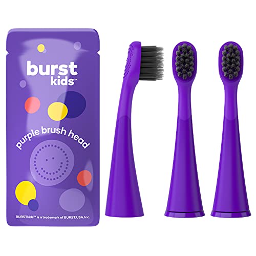 BURSTkids Electric Toothbrush Replacement Heads - Charcoal-Infused, Soft Bristles for Deep Clean, Stain Removal, Healthy Smile and Fresh Breath, 3PK, Purple