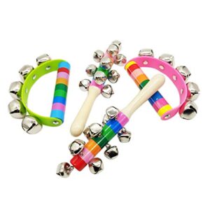 4 pcs vivid color rainbow handle wooden bells jingle stick shaker rattle 5/10 jingle bells baby kids children musical toys