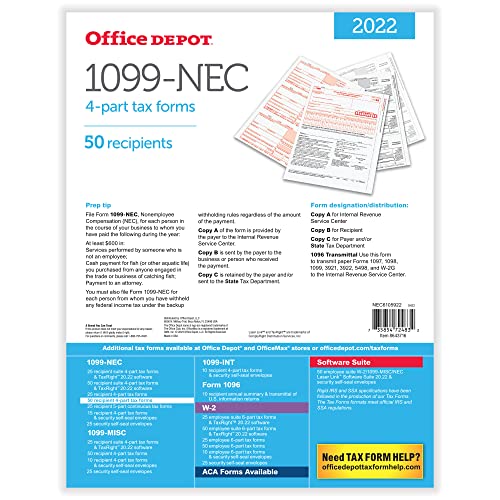 Office Depot® Brand 1099-NEC Laser Tax Forms, 4-Part, 3-Up, 8-1/2" x 11", Pack of 50 Form Sets