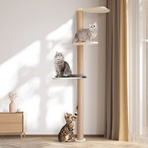 wood cat tower floor to ceiling adjustable, cat tree tall cat scratching post, cat wood tree with 3-tier floor for climb, cat climbing tower vertical with natural sisal rope