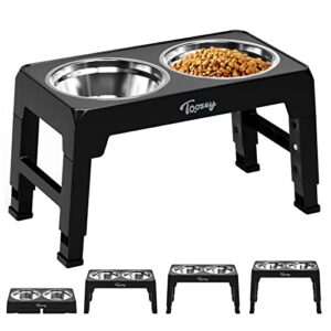 toozey elevated dog bowls 4 adjustable heights, raised dog bowl for large medium small dogs and pets, dog bowl stand with 2 stainless steel dog food bowls, 4 heights-3.1″, 8.6″, 10.2″, 11.8″(black)
