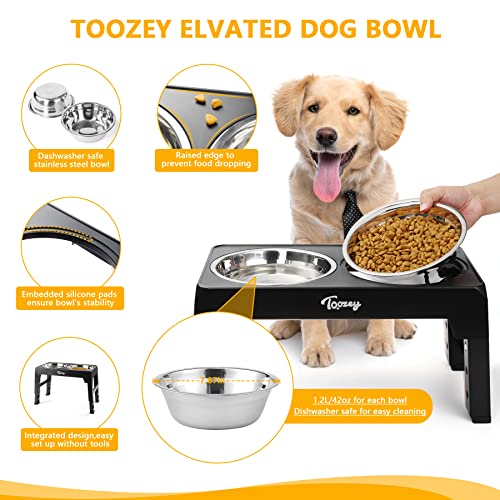 Toozey Elevated Dog Bowls 4 Adjustable Heights, Raised Dog Bowl for Large Medium Small Dogs and Pets, Dog Bowl Stand with 2 Stainless Steel Dog Food Bowls, 4 Heights-3.1", 8.6", 10.2", 11.8"(Black)