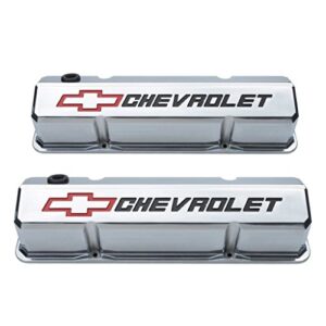 valve cover, slant-edge, tall, baffled, breather hole, recessed chevrolet bowtie logo, aluminum, polished, small block chevy, pair