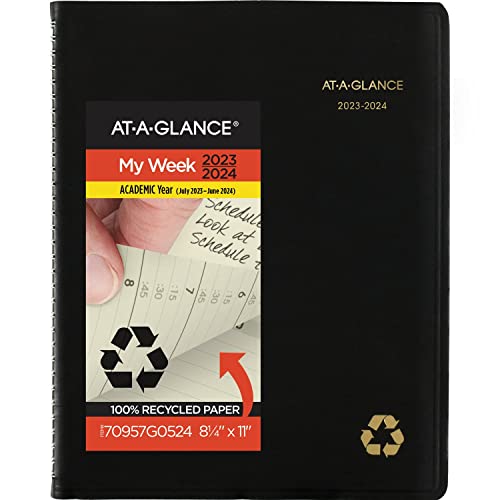 AT-A-GLANCE 2023-2024 Planner, Weekly & Monthly Academic Appointment Book, 8-1/4" x 11", Large, Recycled, Black (70957G05)