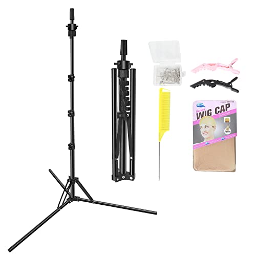 Mannequin Head Stand, Upgrade Foldable Wig Stand Tripod for Cosmetology Hairdressing Training, Metal Adjustable Wig Head Stand with Wig Caps, T-Pins, Comb, Hair Clips