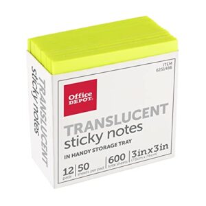 office depot® brand translucent sticky notes, with storage tray, 3″ x 3″, yellow, 50 notes per pad, pack of 12 pads
