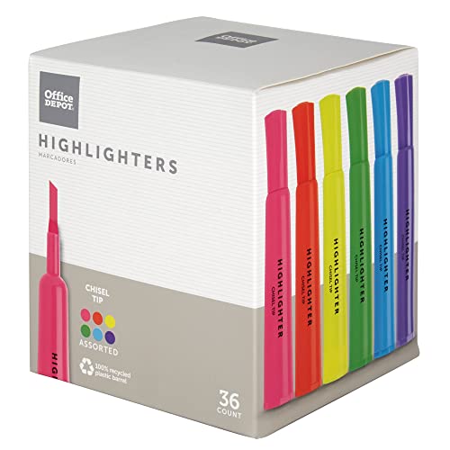 Office Depot® Brand Chisel-Tip Highlighter, 100% Recycled Plastic, Assorted Fluorescent Colors, Pack Of 36