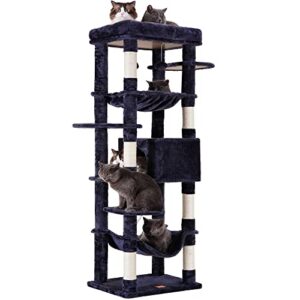 heybly cat tree with extra large platform, 69 inches xxl large cat tower for indoor cats, multi-level cat house with padded plush perch, cozy basket and scratching posts, smoky gray hct031g