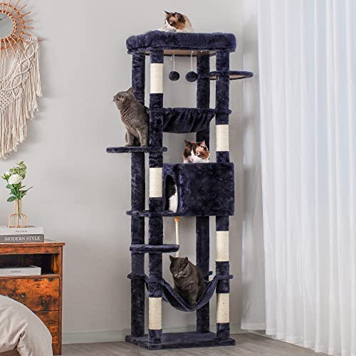 Heybly Cat Tree with Extra Large Platform, 69 inches XXL Large Cat Tower for Indoor Cats, Multi-Level Cat House with Padded Plush Perch, Cozy Basket and Scratching Posts, Smoky Gray HCT031G