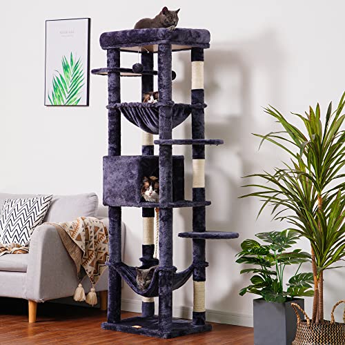 Heybly Cat Tree with Extra Large Platform, 69 inches XXL Large Cat Tower for Indoor Cats, Multi-Level Cat House with Padded Plush Perch, Cozy Basket and Scratching Posts, Smoky Gray HCT031G