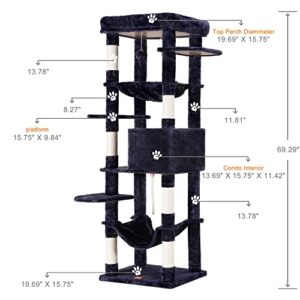 Heybly Cat Tree with Extra Large Platform, 69 inches XXL Large Cat Tower for Indoor Cats, Multi-Level Cat House with Padded Plush Perch, Cozy Basket and Scratching Posts, Smoky Gray HCT031G