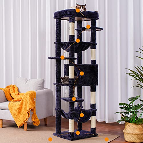 Heybly Cat Tree with Extra Large Platform, 69 inches XXL Large Cat Tower for Indoor Cats, Multi-Level Cat House with Padded Plush Perch, Cozy Basket and Scratching Posts, Smoky Gray HCT031G