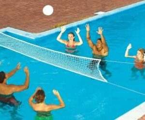 Swimline Cross In Ground Swimming Pool Outdoor Durable Nylon Toy Game Sport Volleyball Net with Ball and Weighted Supports (4 Pack)