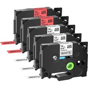 greencycle compatible for brother tze-231 tz-431 laminated tape black on white/red 12mm 0.47″ 1/2 inch for p touch pt-d200 pt-d210 pt-d400 pt-h100 pt-1230pc label makers, 5 pack