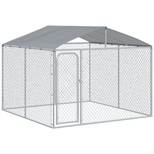pawhut dog kennel outdoor with water-resistant cover, steel exercise pen with galvanized chain link, outside pet playpen with secure lock, 9.8′ x 9.8′ x 7.7′