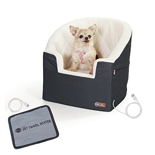 K&H Pet Product Bucket Booster Dog Car Seat with Dog Seat Belt for Car, Washable Small Dog Car Seat, Sturdy Dog Booster Seats for Small Dogs, Medium Dogs, Safety Leashes, Heated Small Charcoal/Cream