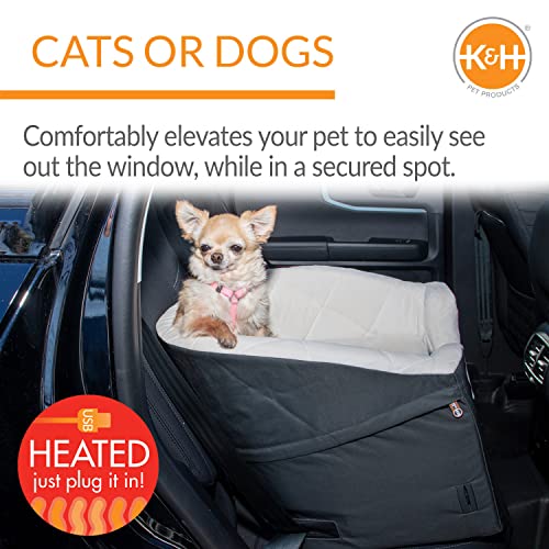 K&H Pet Product Bucket Booster Dog Car Seat with Dog Seat Belt for Car, Washable Small Dog Car Seat, Sturdy Dog Booster Seats for Small Dogs, Medium Dogs, Safety Leashes, Heated Small Charcoal/Cream