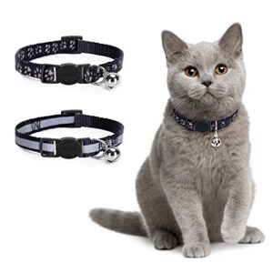 nobleza kitten collar with bell, 2 pack breakaway cat collars with safe quick release buckle, paw print & strip reflective adjustable soft pet collar for small medium kitty cats