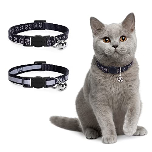 Nobleza Kitten Collar with Bell, 2 Pack Breakaway Cat Collars with Safe Quick Release Buckle, Paw Print & Strip Reflective Adjustable Soft Pet Collar for Small Medium Kitty Cats