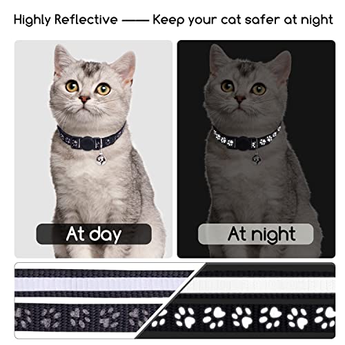 Nobleza Kitten Collar with Bell, 2 Pack Breakaway Cat Collars with Safe Quick Release Buckle, Paw Print & Strip Reflective Adjustable Soft Pet Collar for Small Medium Kitty Cats