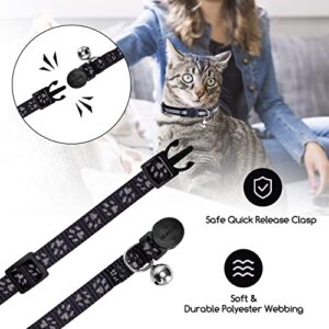 Nobleza Kitten Collar with Bell, 2 Pack Breakaway Cat Collars with Safe Quick Release Buckle, Paw Print & Strip Reflective Adjustable Soft Pet Collar for Small Medium Kitty Cats