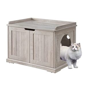 unipaws designer cat washroom storage bench, litter box cover, sturdy wooden structure, spacious storage, easy assembly, fit most of litter box, weathered grey