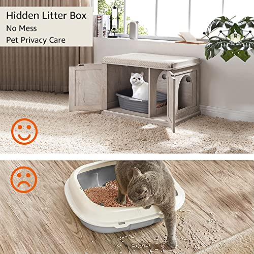 unipaws Designer Cat Washroom Storage Bench, Litter Box Cover, Sturdy Wooden Structure, Spacious Storage, Easy Assembly, Fit Most of Litter Box, Weathered Grey