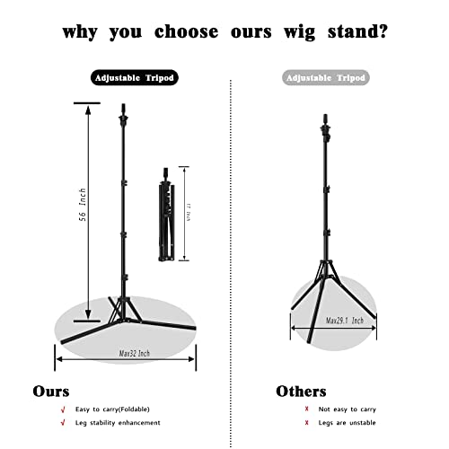 DANSEE Wig Stand Tripod Metal Adjustable Mannequin Head Stand Upgrade Foldable Wig Head Stand for Cosmetology Hairdressing Training