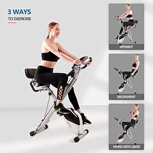 Davcreator Foldable Fitness Exercise Bike, Magnetic Folding Indoor Exercise Bicycle, 2-in-1 Recumbent & Upright Stationary Bike with Arm Workout for Home