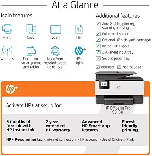 HP OfficeJet Pro 9018e All-in-One Wireless Color Inkjet Printer - Print Scan Copy Fax - 22 ppm, 4800 x 1200 dpi, 512MB Memory, 35-Sheet ADF, Auto 2-Sided Printing, Ethernet (Renewed)