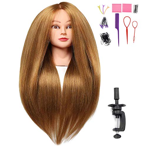 SILKY 26"-28" Long Hair Mannequin Head with 60% Real Hair, Hairdresser Practice Training Head Cosmetology Manikin Doll Head with 9 Tools and Clamp - #27 Golden, Makeup On