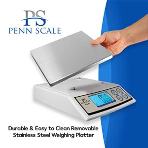 Penn Scale PS-20 Digital Kitchen Portion Scale - 20lb Electric Kitchen Scale with 0.01lb Readability - Removable Platter & LCD Display - KG, Lb, & Oz Unit Conversion (AC & Battery Powered)