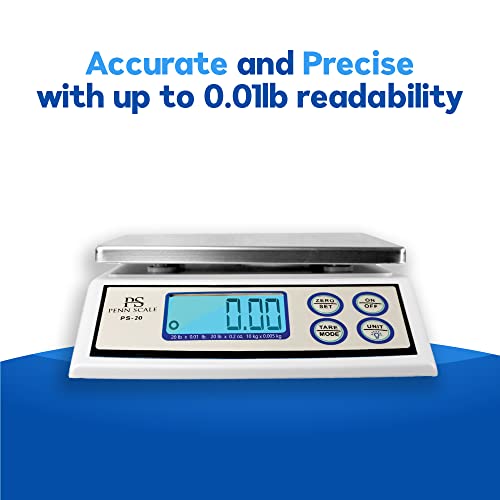 Penn Scale PS-20 Digital Kitchen Portion Scale - 20lb Electric Kitchen Scale with 0.01lb Readability - Removable Platter & LCD Display - KG, Lb, & Oz Unit Conversion (AC & Battery Powered)