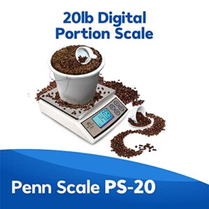 Penn Scale PS-20 Digital Kitchen Portion Scale - 20lb Electric Kitchen Scale with 0.01lb Readability - Removable Platter & LCD Display - KG, Lb, & Oz Unit Conversion (AC & Battery Powered)