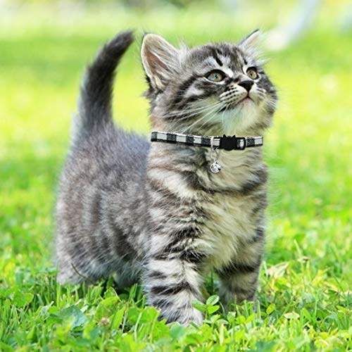 MJIYA Cat Collar with Bell, Breakaway Grid Collar with Plastic Buckle, Light Adjustable, Nylon, Kitty Collars (Black, M)