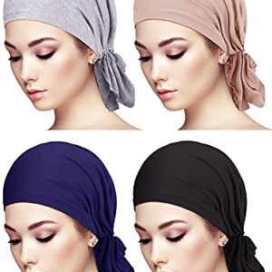 4 Pieces Slip-On Pre-Tied Head Scarves Women Headwear Turban Beanie Caps Head Wrap Headscarf for Women Girls (Grey, Camel, Navy Blue, Black)