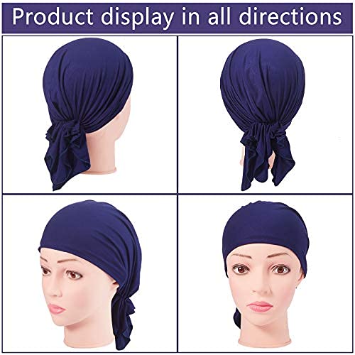 4 Pieces Slip-On Pre-Tied Head Scarves Women Headwear Turban Beanie Caps Head Wrap Headscarf for Women Girls (Grey, Camel, Navy Blue, Black)