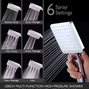 GRICH High Pressure Shower Head with Handheld, 6 Spray Modes/Settings Detachable Shower Head with Stretchable 59" 304 Stainless Steel Hose and Multi Angle Adjustable Shower Bracket