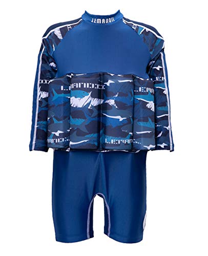 Lemandii UPF 50+ Sun Protection Long Sleeve Float Swim Suit for Kids Boys One-Piece with Adjustable Buoyancy Back Zippers for 1-10 Years Babies (Blue, Height:35.4''-39.4''/Weight:26.4lb-33lb)