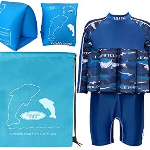 Lemandii UPF 50+ Sun Protection Long Sleeve Float Swim Suit for Kids Boys One-Piece with Adjustable Buoyancy Back Zippers for 1-10 Years Babies (Blue, Height:35.4''-39.4''/Weight:26.4lb-33lb)