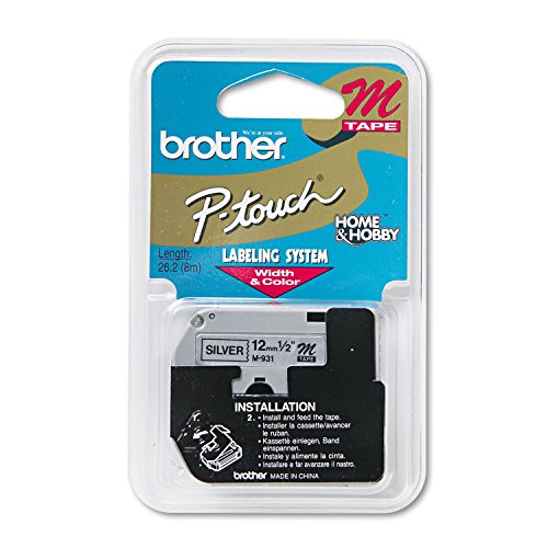 Brother M931 M Series Labeling Tape for P-Touch Labelers, 1/2-Inch W, Black On Silver