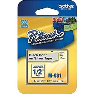 Brother M931 M Series Labeling Tape for P-Touch Labelers, 1/2-Inch W, Black On Silver