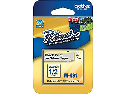 Brother M931 M Series Labeling Tape for P-Touch Labelers, 1/2-Inch W, Black On Silver