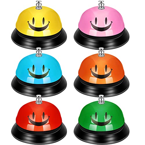 6 Pcs Call Bell Desk Bell for Service 3 Inch Diameter Smile Face Service Bell for Desk School Bell with Metal Anti Rust Construction Front Desk Bell for Hotel Counter Restaurant Office School, 6 Color