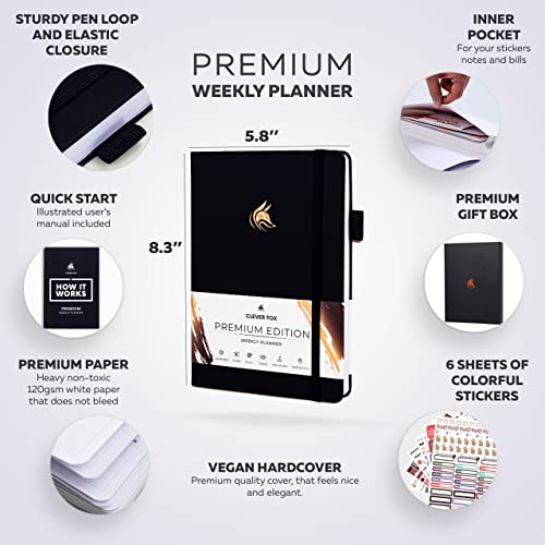 Clever Fox Planner Premium Edition – Undated Luxurious Weekly & Monthly Planner to Increase Productivity and Hit Your Goals – Organizer – Start Anytime, A5, Lasts 1 Year, Black (Weekly)