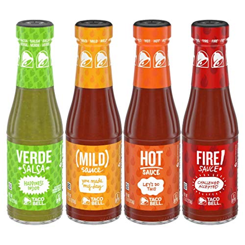 Taco Bell Glass Condiment Sauce Variety Pack, 1 Verde, 1 Mild, 1 Hot, 1 Fire, 4 CT