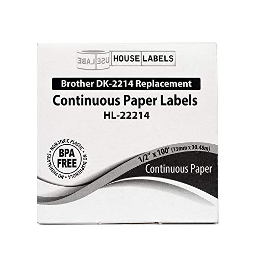 HOUSELABELS Compatible with DK-2214 Replacement Roll for Brother QL Label Printers; Continuous Length Labels; 1/2" 100 feet (12mm*30.48m) with 1 Reusable Cartridge - 12 Rolls